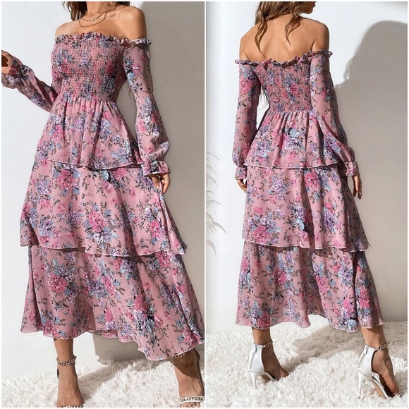 Boho Floral Print Off Shoulder Maxi Dress - Picture 6 of 7